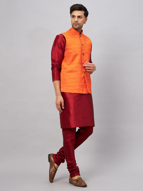 Vastramay Men's Orange Matka Silk Nehru Jacket With Maroon Silk Blend Kurta Pyjama Set